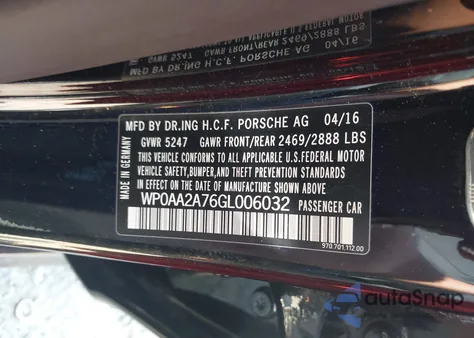 2016 Porsche Panamera 4 из США, поврежденный, VIN WP0AA2A76GL006032